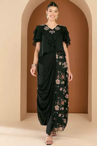 Embellished V-Neck Top With Draped Skirt