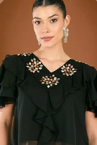 Embellished V-Neck Top With Draped Skirt