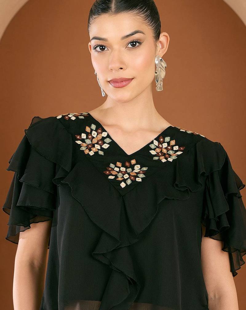 Embellished V-Neck Top With Draped Skirt