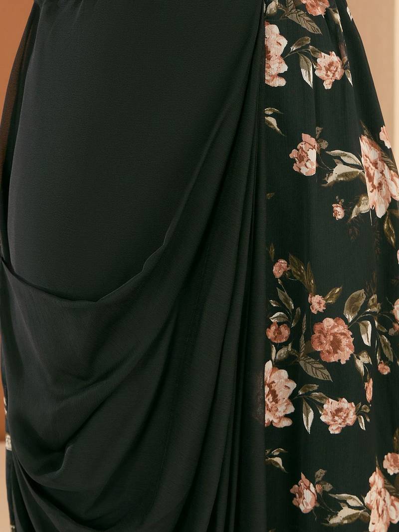Embellished V-Neck Top With Draped Skirt