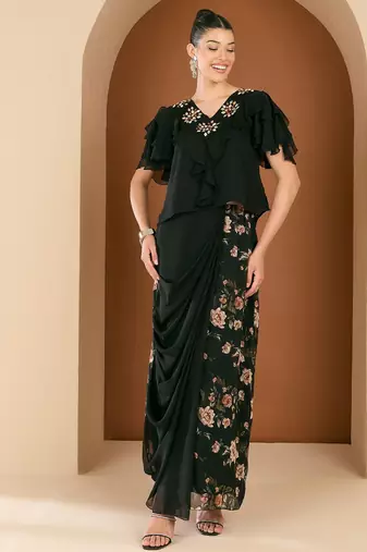 Embellished V-Neck Top With Draped Skirt