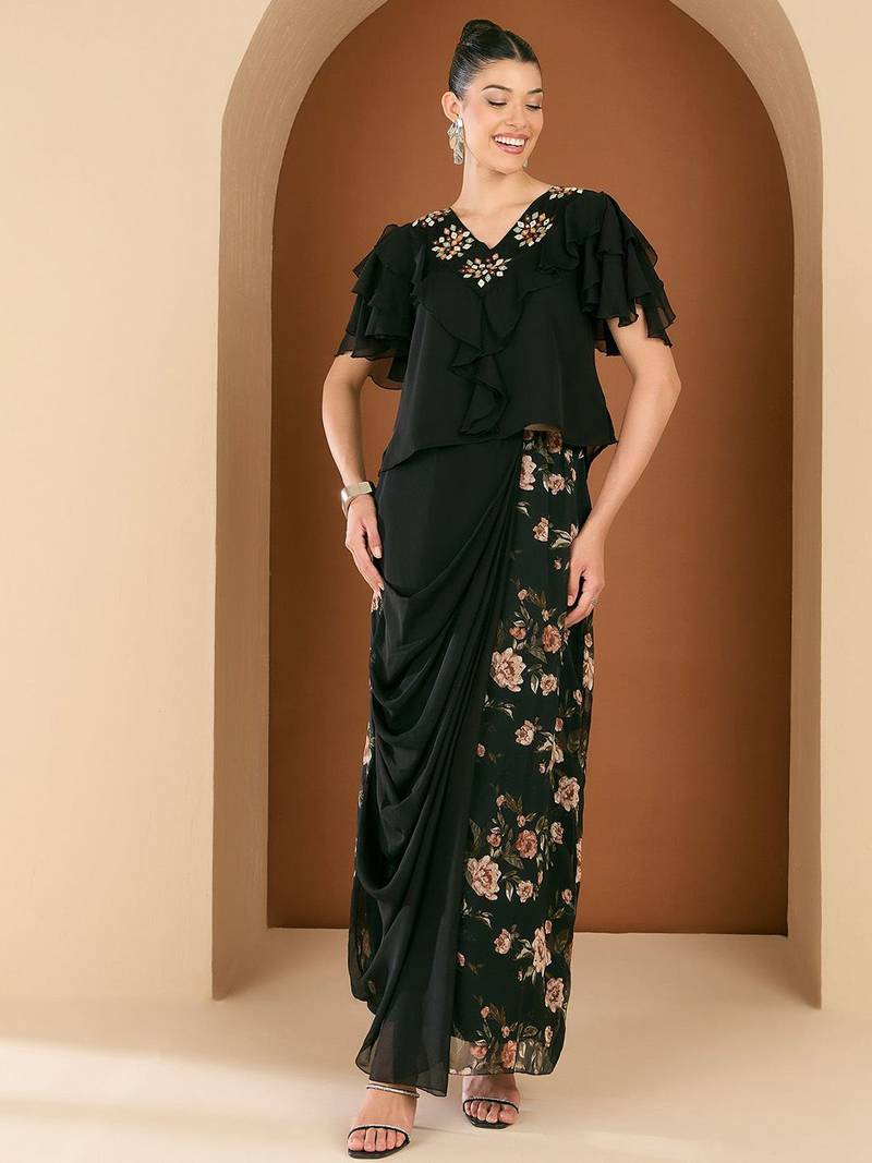 Embellished V-Neck Top With Draped Skirt
