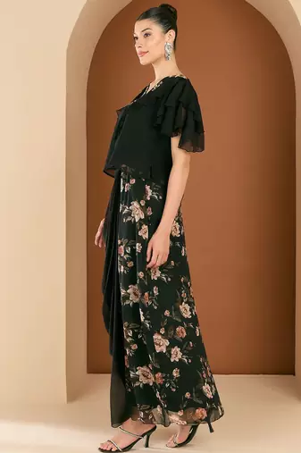 Embellished V-Neck Top With Draped Skirt