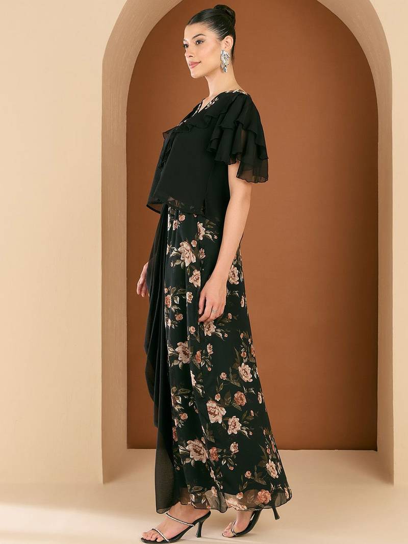 Embellished V-Neck Top With Draped Skirt