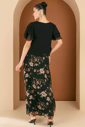 Embellished V-Neck Top With Draped Skirt
