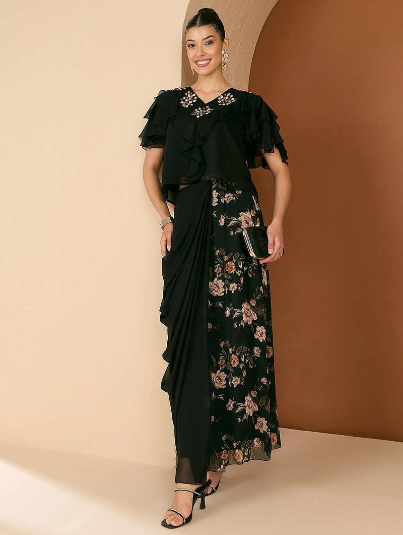 Embellished V-Neck Top With Draped Skirt