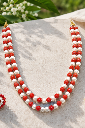 Red coral & white pearl double strand necklace and earring set