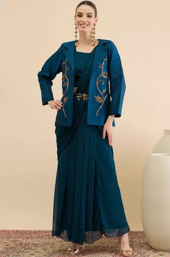 Embellished Top Skirt & Coat Set
