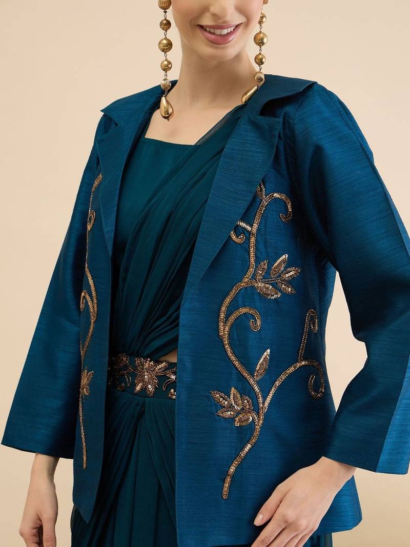 Embellished Top Skirt & Coat Set