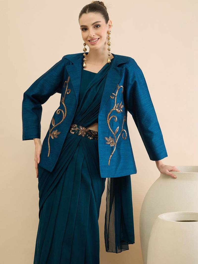 Embellished Top Skirt & Coat Set