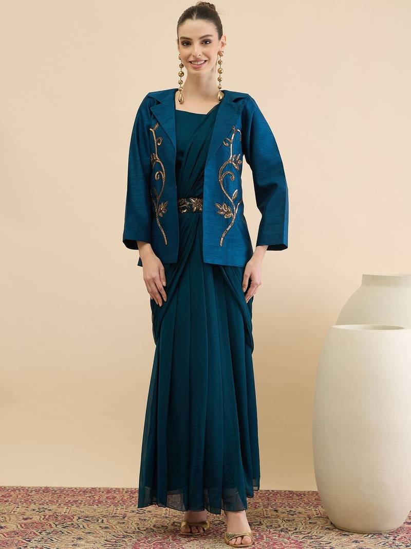 Embellished Top Skirt & Coat Set