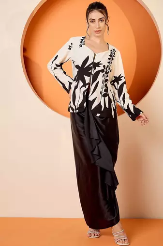 Black Floral Square Neck Printed Top & Skirt
