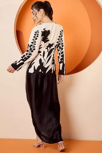 Black Floral Square Neck Printed Top & Skirt