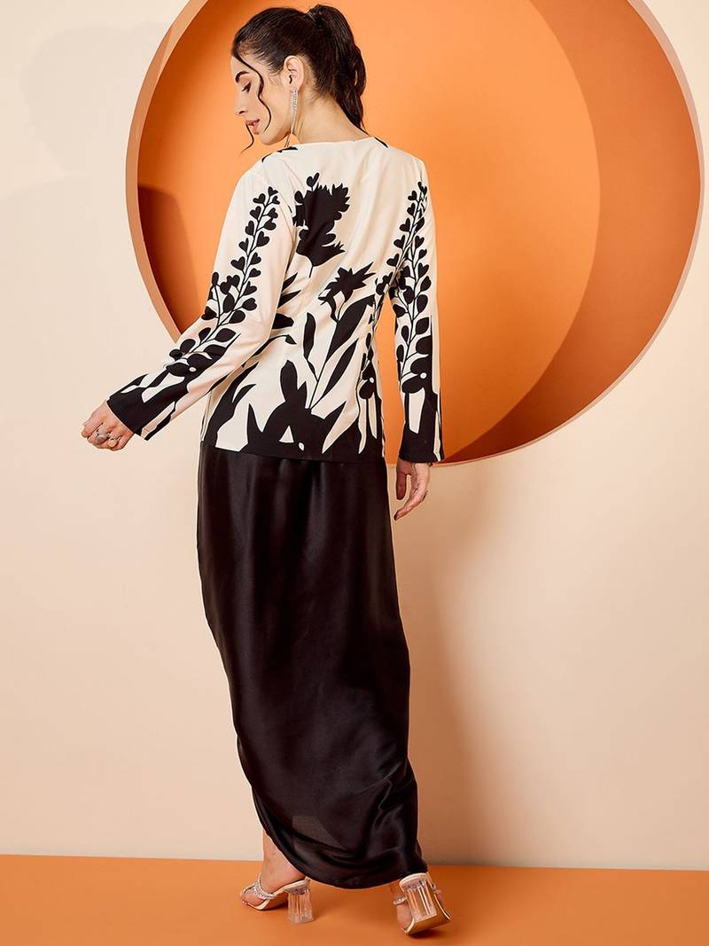 Black Floral Square Neck Printed Top & Skirt