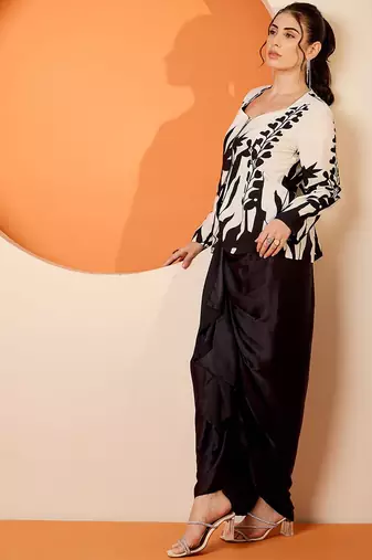Black Floral Square Neck Printed Top & Skirt