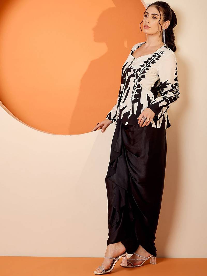 Black Floral Square Neck Printed Top & Skirt