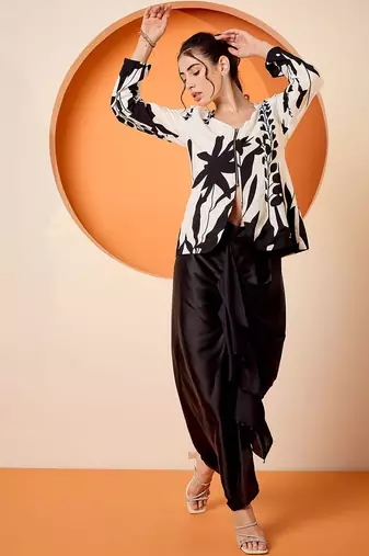 Black Floral Square Neck Printed Top & Skirt