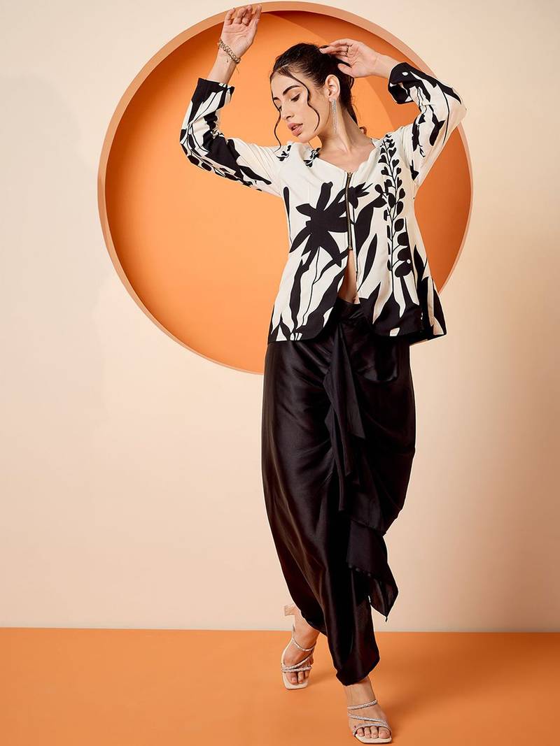 Black Floral Square Neck Printed Top & Skirt