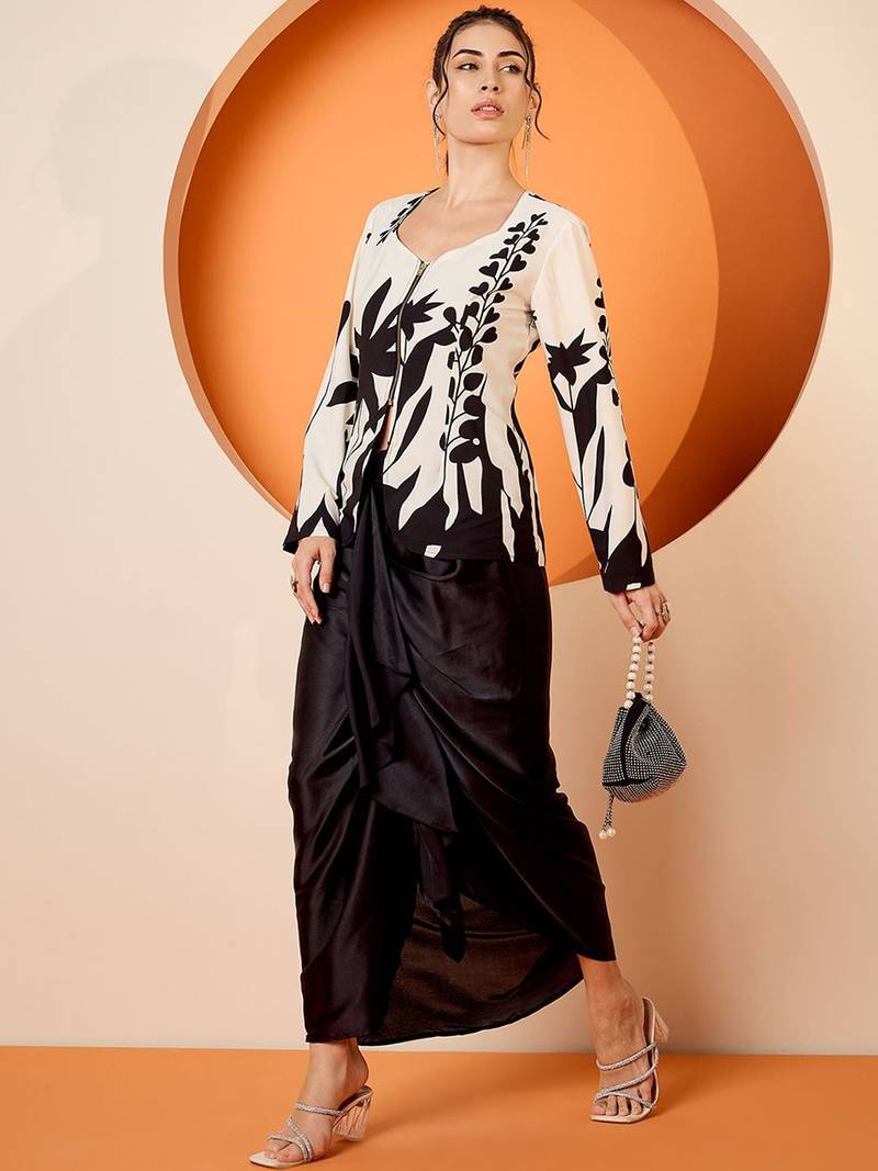Black Floral Square Neck Printed Top & Skirt