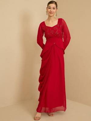 Red Embellished Square Neck Top With Skirt 1