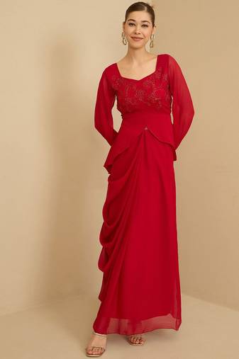 Red Embellished Square Neck Top With Skirt