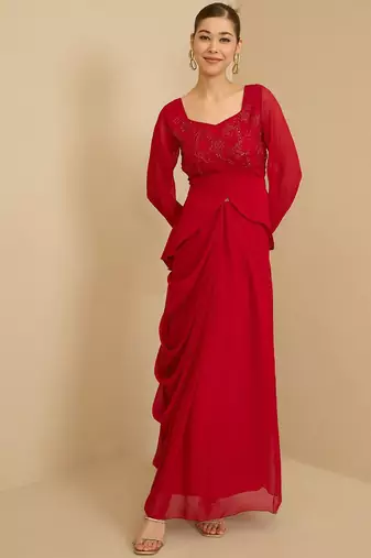 Red Embellished Square Neck Top With Skirt