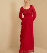 Red Embellished Square Neck Top With Skirt