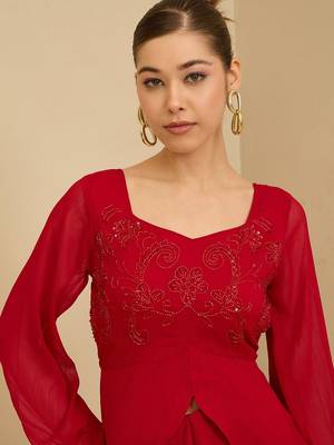 Red Embellished Square Neck Top With Skirt 2