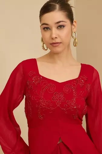 Red Embellished Square Neck Top With Skirt