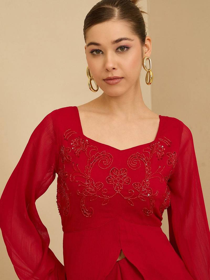 Red Embellished Square Neck Top With Skirt