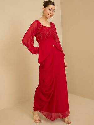 Red Embellished Square Neck Top With Skirt 3