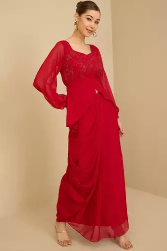 Red Embellished Square Neck Top With Skirt