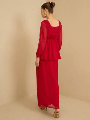 Red Embellished Square Neck Top With Skirt 4