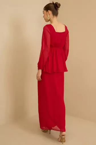 Red Embellished Square Neck Top With Skirt