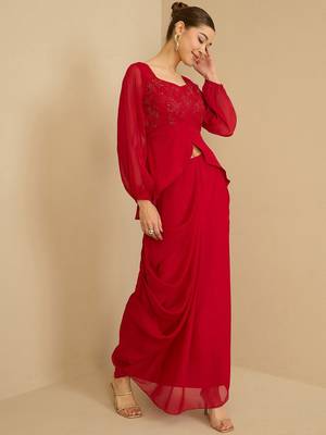 Red Embellished Square Neck Top With Skirt 5