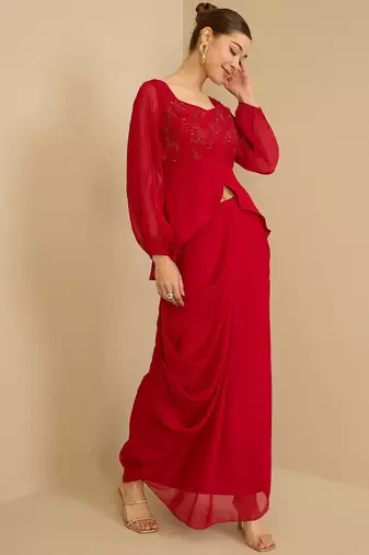 Red Embellished Square Neck Top With Skirt