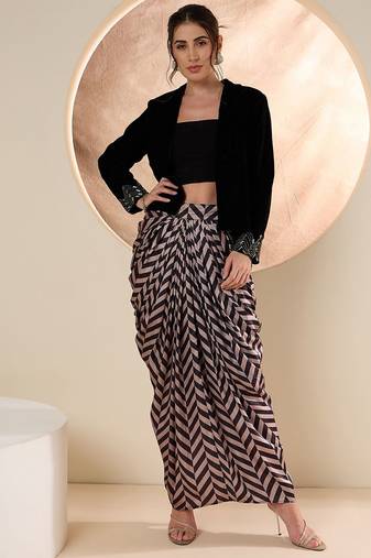 Embellished Shawl Neck Jacket With Skirt
