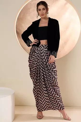 Embellished Shawl Neck Jacket With Skirt
