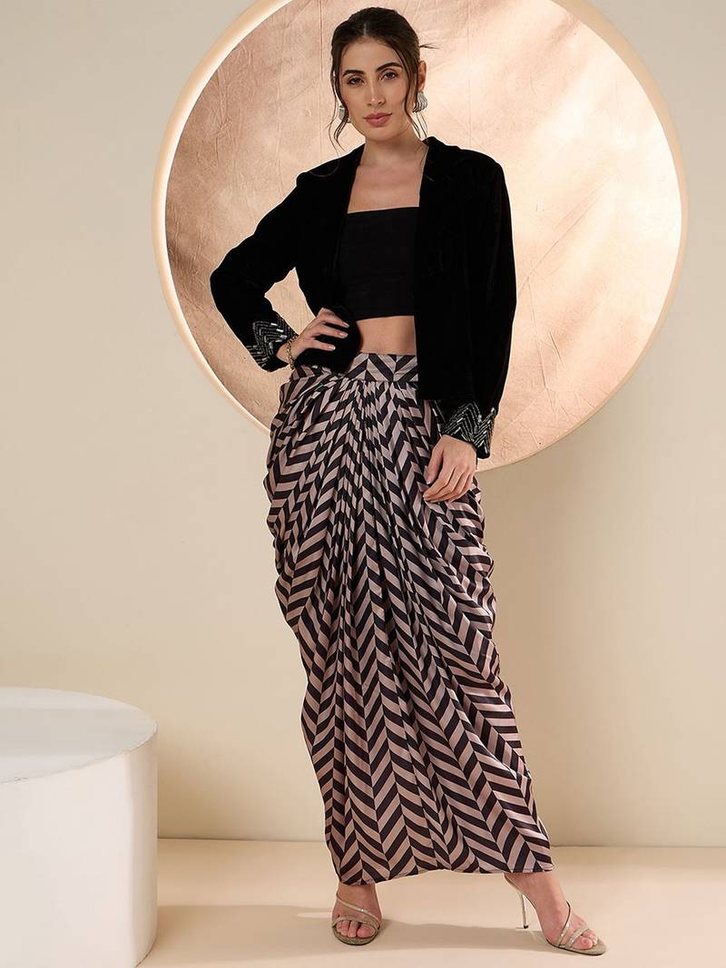 Embellished Shawl Neck Jacket With Skirt