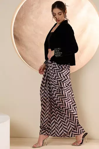 Embellished Shawl Neck Jacket With Skirt