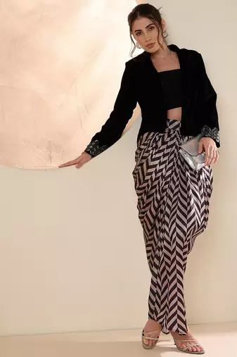 Embellished Shawl Neck Jacket With Skirt