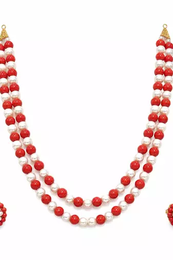 Red coral & white pearl double strand necklace and earring set