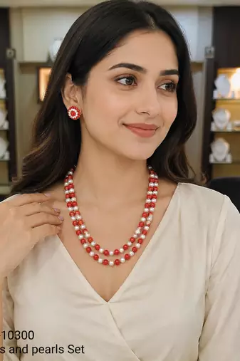 Red coral & white pearl double strand necklace and earring set
