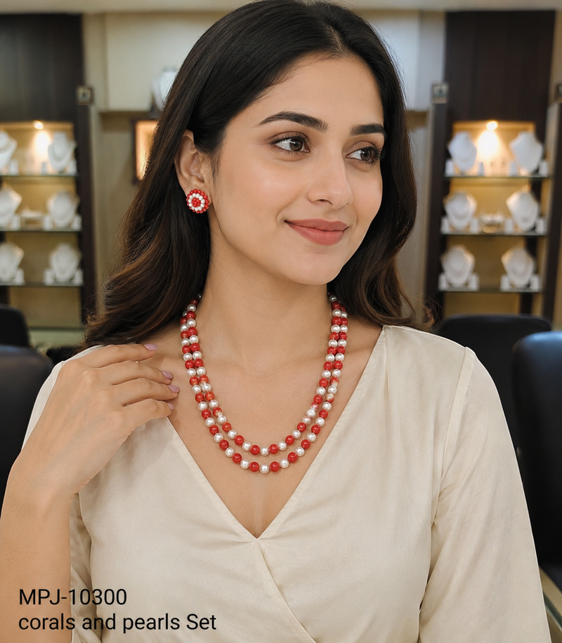 Red coral & white pearl double strand necklace and earring set