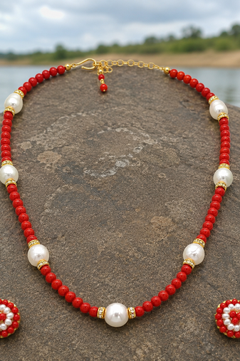 Red coral bead and pearl necklace set with stud earrings