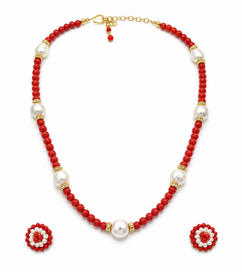 Red coral bead and pearl necklace set with stud earrings 2