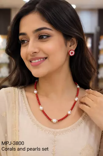 Red coral bead and pearl necklace set with stud earrings
