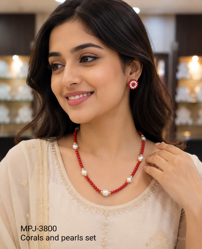 Red coral bead and pearl necklace set with stud earrings