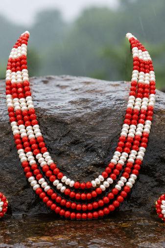 Red coral & white pearl multi-layer beaded necklace earring set