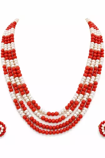 Red coral & white pearl multi-layer beaded necklace earring set